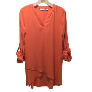 Susan Graver Orange Dressy Tunic Roll-Tab Sleeves V-Neck Women's Size 4
